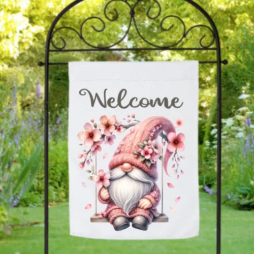 Outdoor Home Decor 12x18 Inch Gnome with Pink Hat Cherry Blossoms Welcome Flag UUI GGX