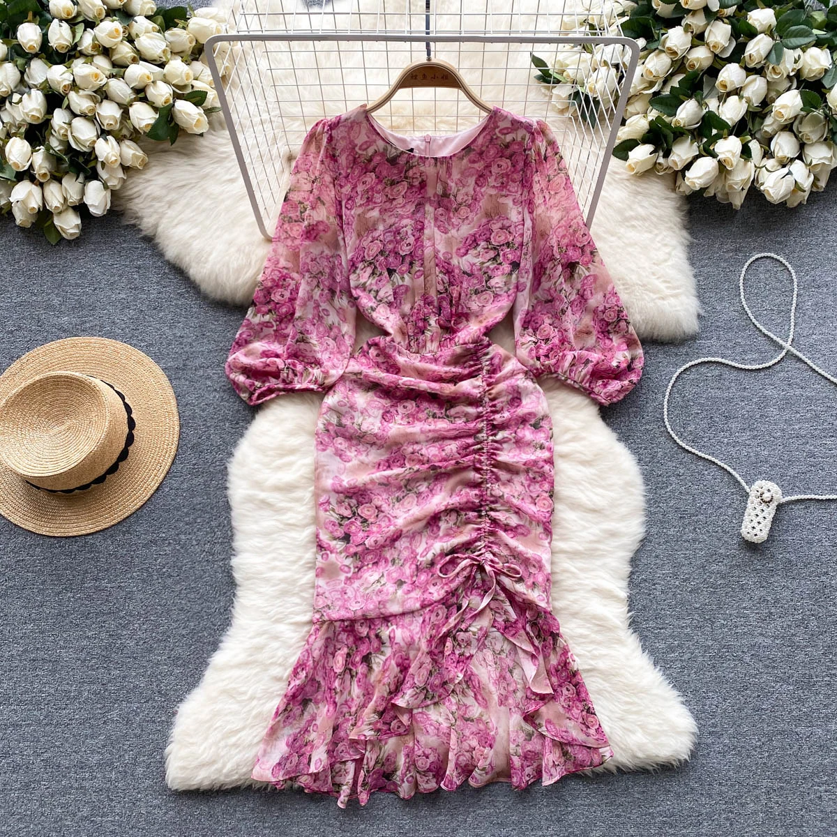 

Chic Drawstring Bodycon Dress Wrap Dressess Korean Fashion Vestidos Women Vintage Spring and Autumn Trumpet Dress