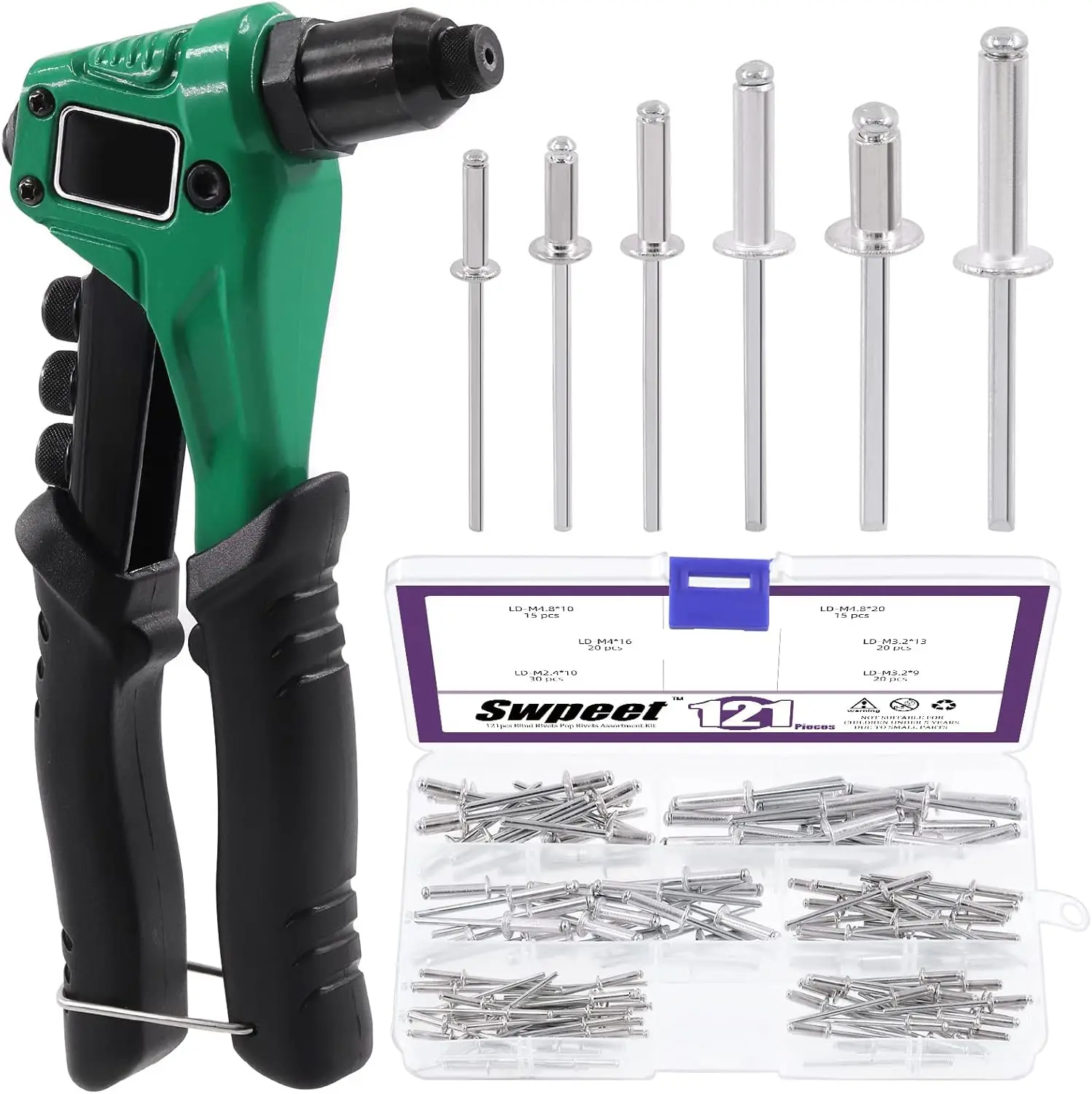 

121Pcs Blind Rivet Gun Kit, Manual Rivet Tool with 4 Interchangeable Heads & 4 Twist Drills, M2.4/3.2/4/4.8 Rivets