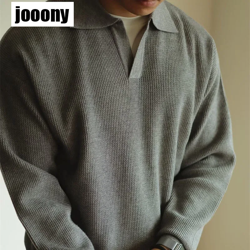 남성용 빈티지 니트 폴로 셔츠, 단색 상의, 캐주얼 스웨터, 긴팔 턴다운 칼라, 점퍼 상의, 가을