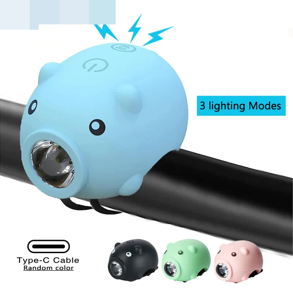 Bicycle Horn Light 3 Lighting Modes Children Cartoon Pig Bike Light Type-C Rechargeable Cycling Accessories Piggy Headlight