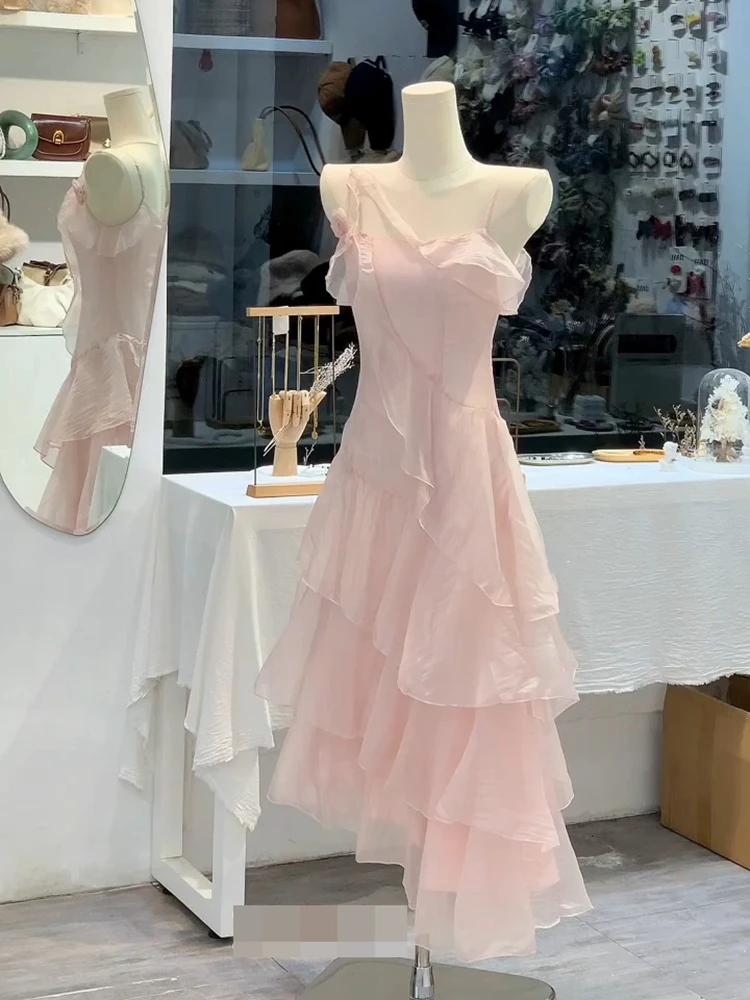 

Beach Vaion Unique Pink Strap Chiffon Dr Women's Faion 2025 New Spring Bell Sve V-ne Color Polyester Blend