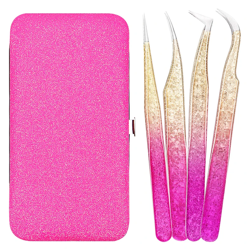 Eyelash Tweezers Pack Set Ice Flower Anti-static Grafting False 3D Lashes Extension Makeup Tweezer Storage Protective Box Tools