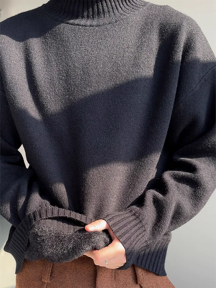 

American Sle Thiened Fce High Collar Men's Knitted Sweater Winter Warm Base Layer Inner Wear Casual Loose Fit Long Sve