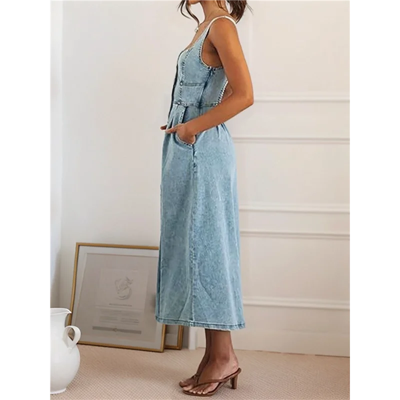 

Women's Strap Maxi Denim Dress Summer Sleeveless Halter Bodycon Maxi Dresses