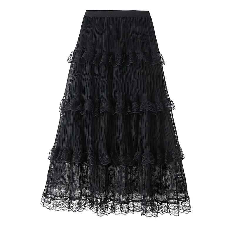 2025 Spring Women's Skirt High Waist Stretch Cake Skirt Lace Transparent Long Skirt