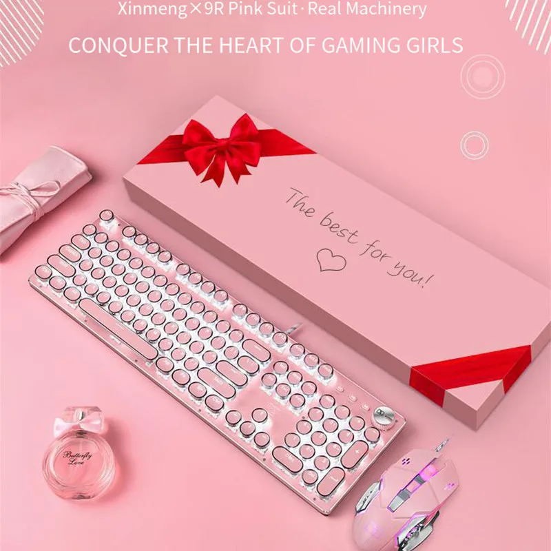 

Game Mechanical Keyboard and Mouse Kit Universal Vintage USB Wired Blue Switch Round Keycaps Esports Pink Keyboard and Mouse Set