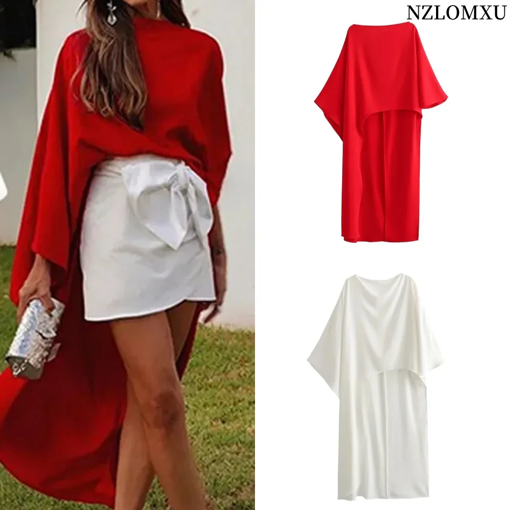 Spring Women\'s Asymmetric Cape Style Red Satin Shirt Fashionable Round Neck Women\'s Casual Long Shirt Holiday Style 2024