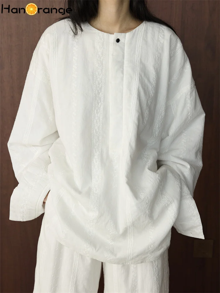 

HanOrange 2025 Winter Simple Casual O-neck Lace Double-layer Parkas Women Loose Slimming Warm Jacket White