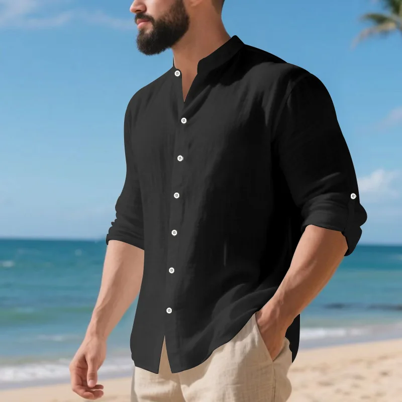 

New Spring Summer Men's Casual Linen Shirt Hawaiian High Neck Button Long Sleeve European American Style Solid Color Loose Fit