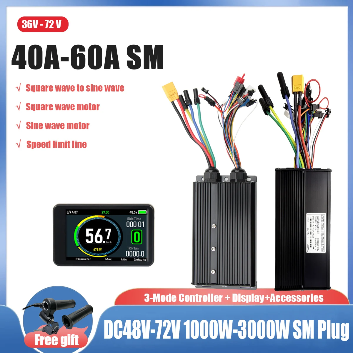 

EBIKE Square wave to sine wave conversion 40A/45A/60A 36V-72V Electric Bicycle Twist Throttle Grip 81X for 1000W-3000W Motor kit