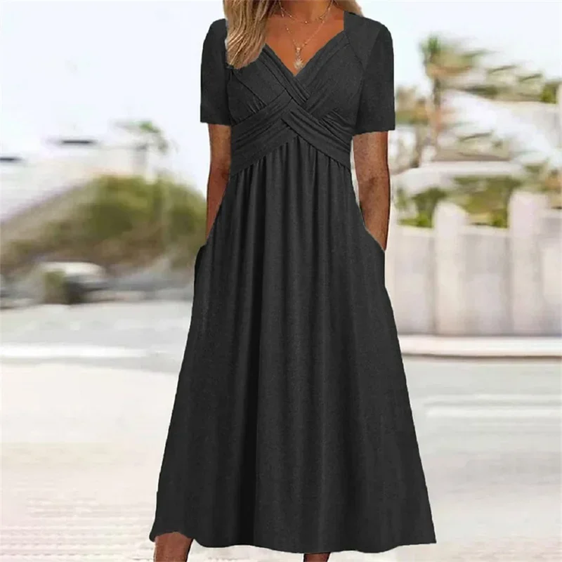 Elegant V Neck Crossover Wrap Bust Dresses Women Solid Color Short Sleeve Dress Summer Female Commuter Side Double Pockets Gown