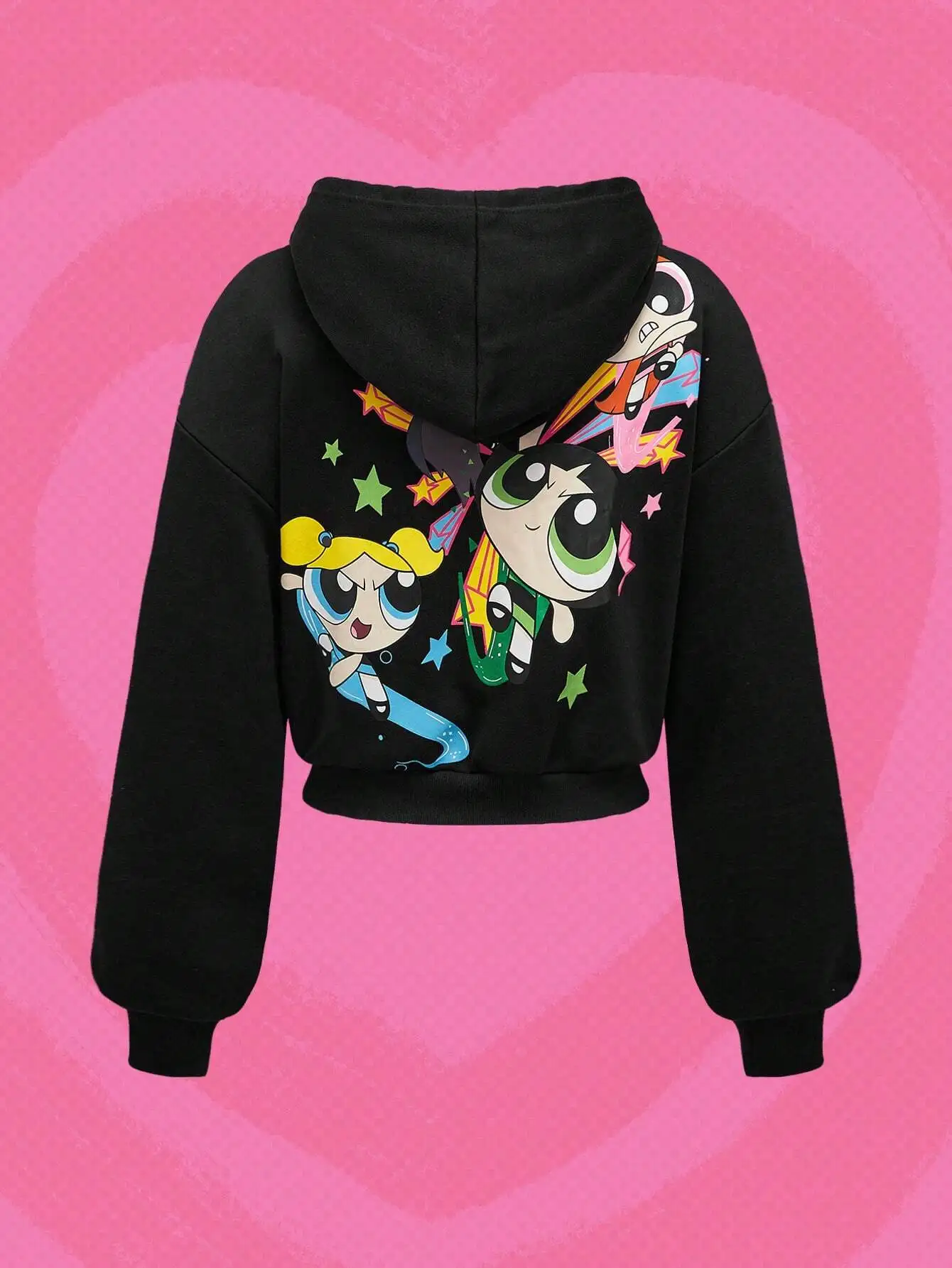

Black Cropped Hoodie with Colorful Cartoon Graphic Print, Loose Fit Long Sleeve for Spring Autumn