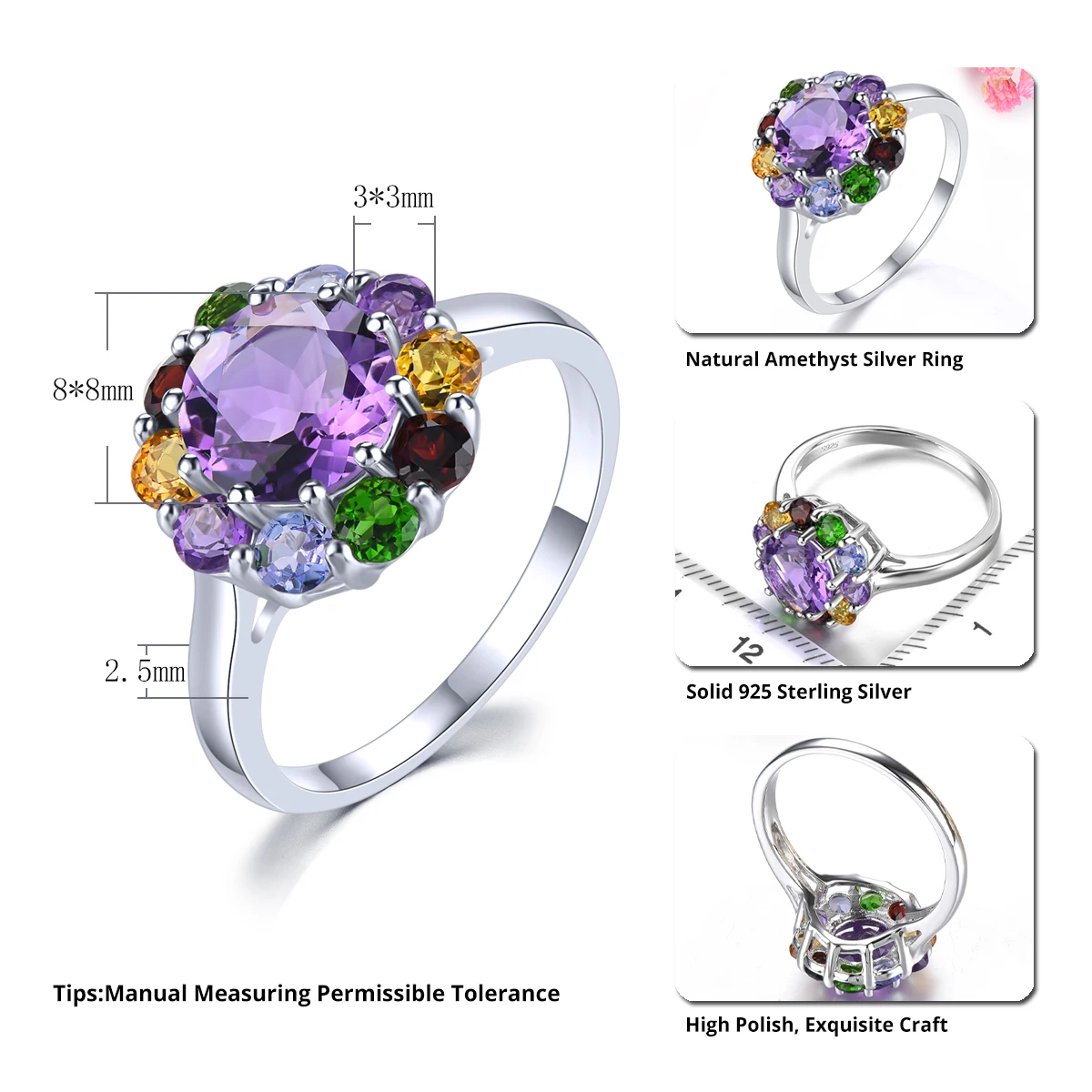 Natural Amethyst Sterling Silver Rings 2.9 Carats Genuine Multicolor Citrine Garnet Diopside Exquisite Fine Jewelrys S925 Gifts