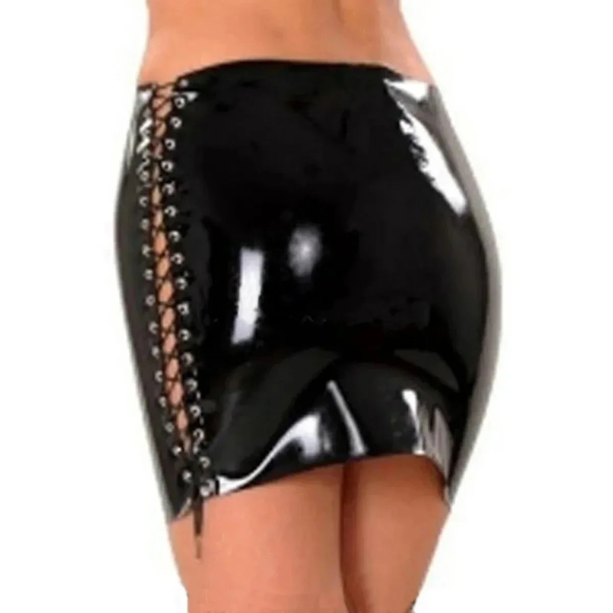 تنانير لاتكس صغيرة مثيرة باللون الأسود مع ربط في الجزء السفلي من المطاط الجانبي