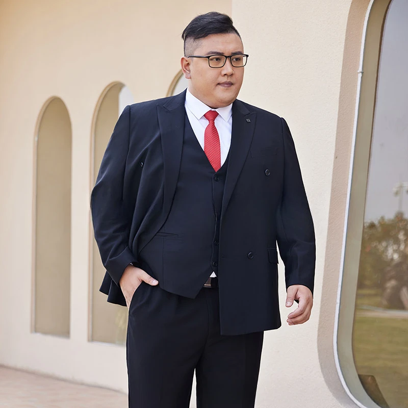 

Upto 9XL Plus Size Big Tall Men 3 Pieces Double Breasted Suit Blazers Jacket Pants Business Wedding Dress Elastic Fat Men's Suit