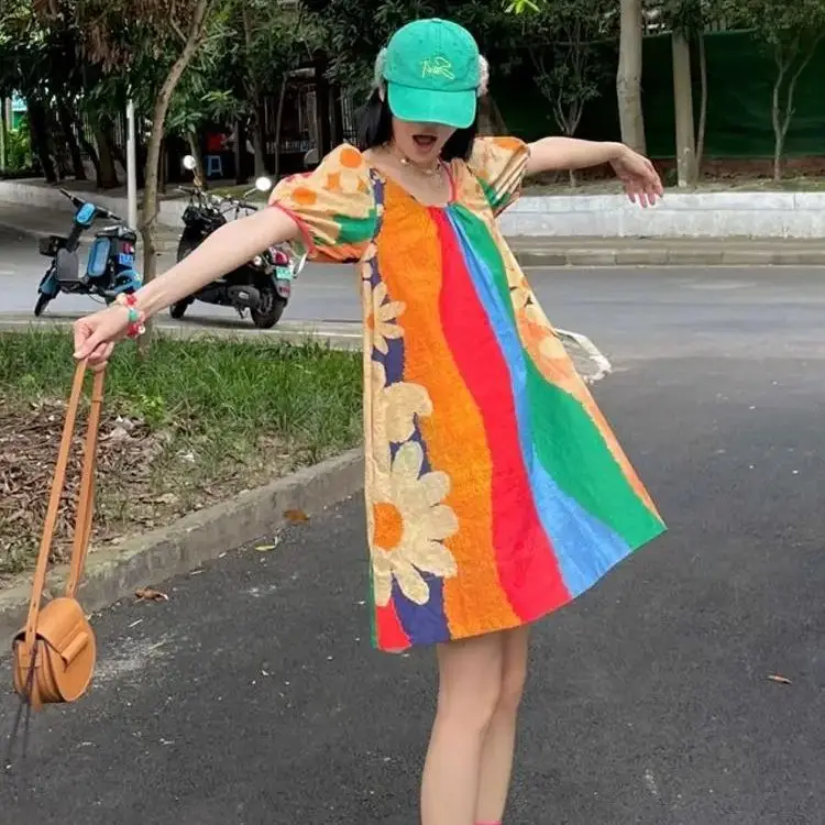 

Women Doll Skirt O Neck Puff Sleeve Color Contrast Printed Dress 2024 Summer New Cute Temperament Rainbow Short Dresses Female