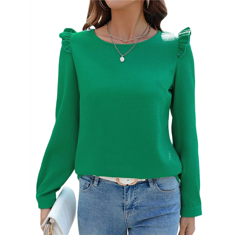 【SEE】เสื้อสตรีแขนยาวไหล่นัวเนียคอลูกเรือน้ําหนักเบา 2025 ฤดูใบไม้ร่วงเสื้อสวมหัวถักยาง