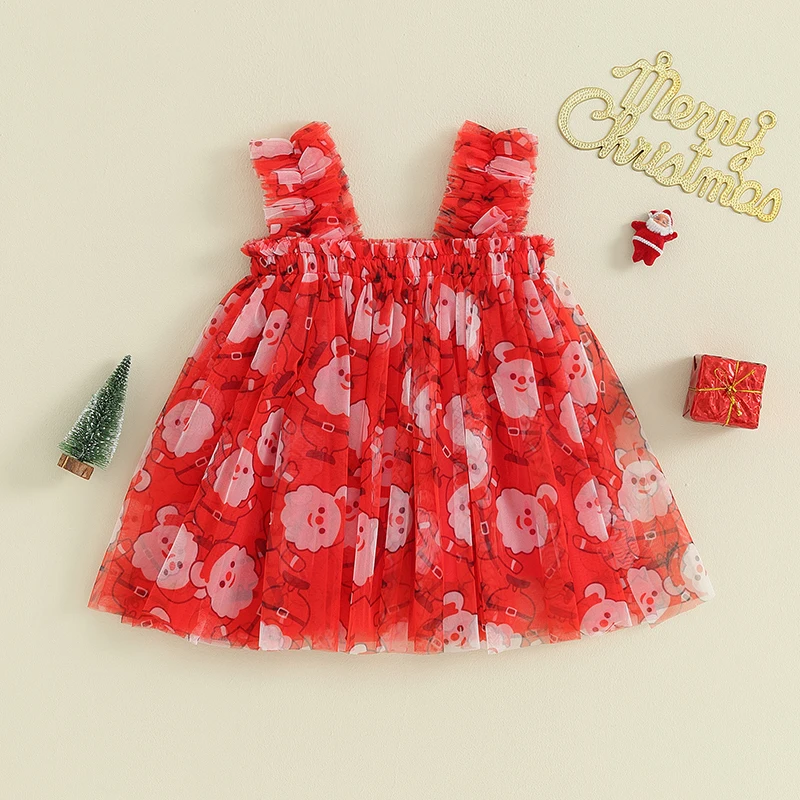 Vestido feminino sem mangas de fantasia de Natal com estampa de Papai Noel e boneco de neve vestido evasê de tule para festa de feriado