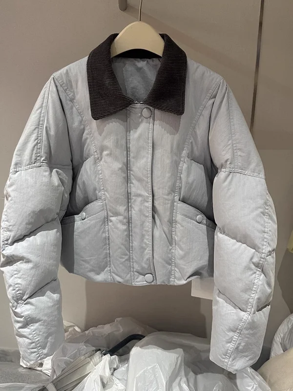 

Синяя теплая повседневная хлопковая куртка на молнии для женщин, модная однотонная толстая верхняя одежда в корейском стиле, свободный крой, длинный рукав