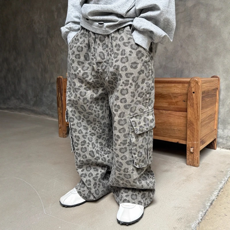 

2025 New Autumn and Winter Children's Casual Leopard Print Workwear Pocket Cotton Pants