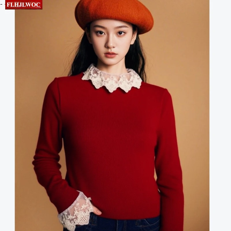 

Autumn Winter Pullovers Sweaters Pink Cute Sweet Girls Long Sleeve Lolita Japan Style Patchwork Ruffles Lace Knitted Tops