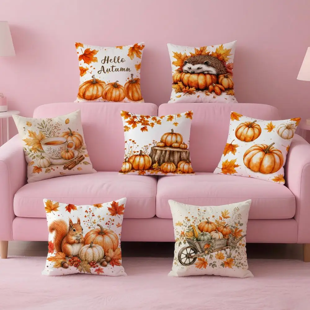Watercolor Autumn Pumpkin Harvest Cushion Cover Comfortable Double Sided Pillow Cover For Car Sofa Bedroom & More