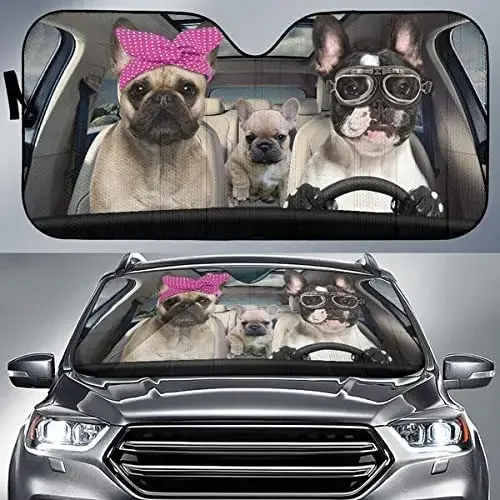 French Bulldog Driving Headband Eyeglasses Dog Family Summer Car Sunshade, Gift for French Bulldog Mom Gift Car Windshield Visor