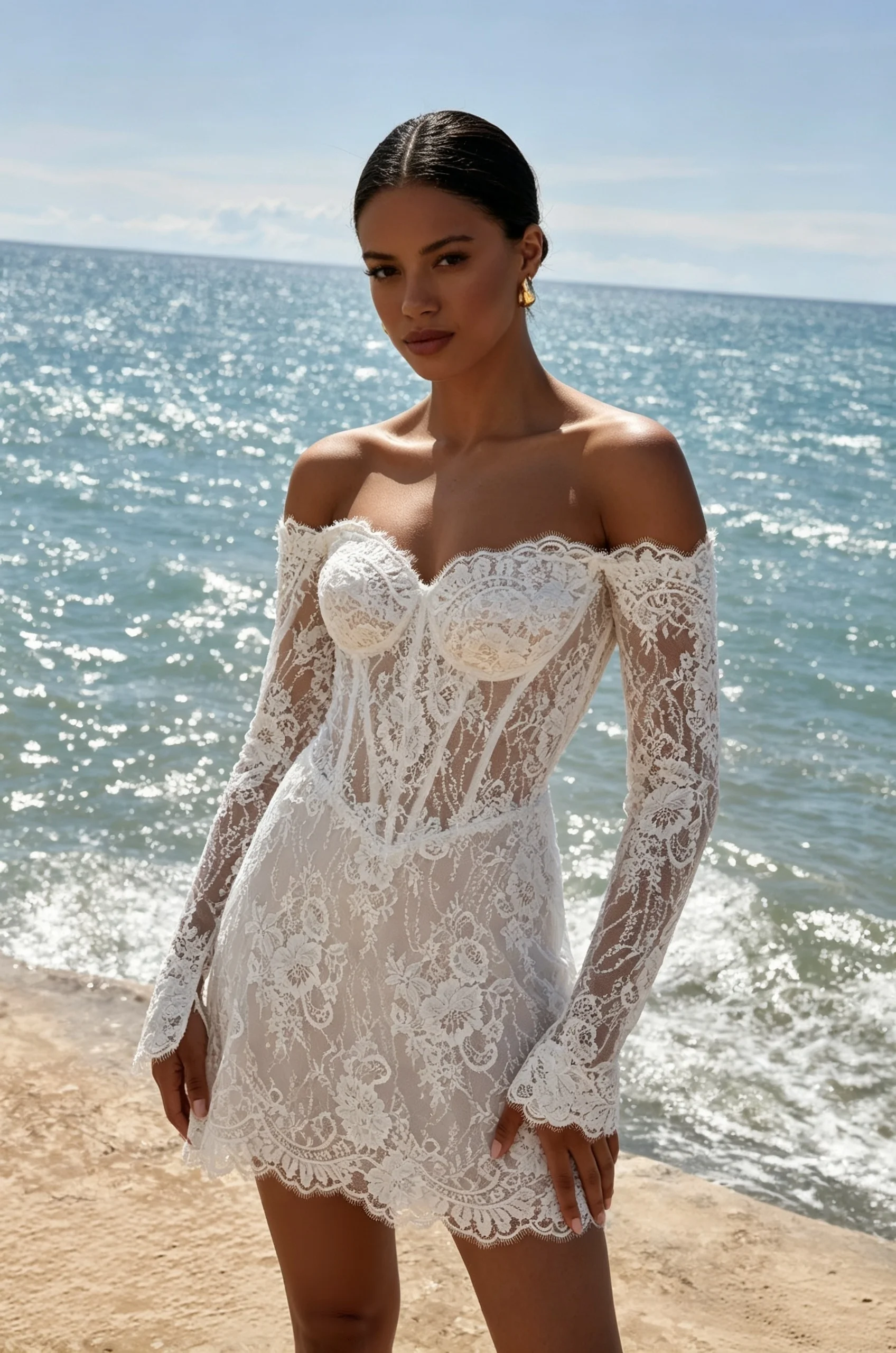 MAE Customized White Off the Shoulder Wedding Dresses Lace Long Sleeve Back Lace-Up Bridal Gowns Flower Mini Wedding Gowns