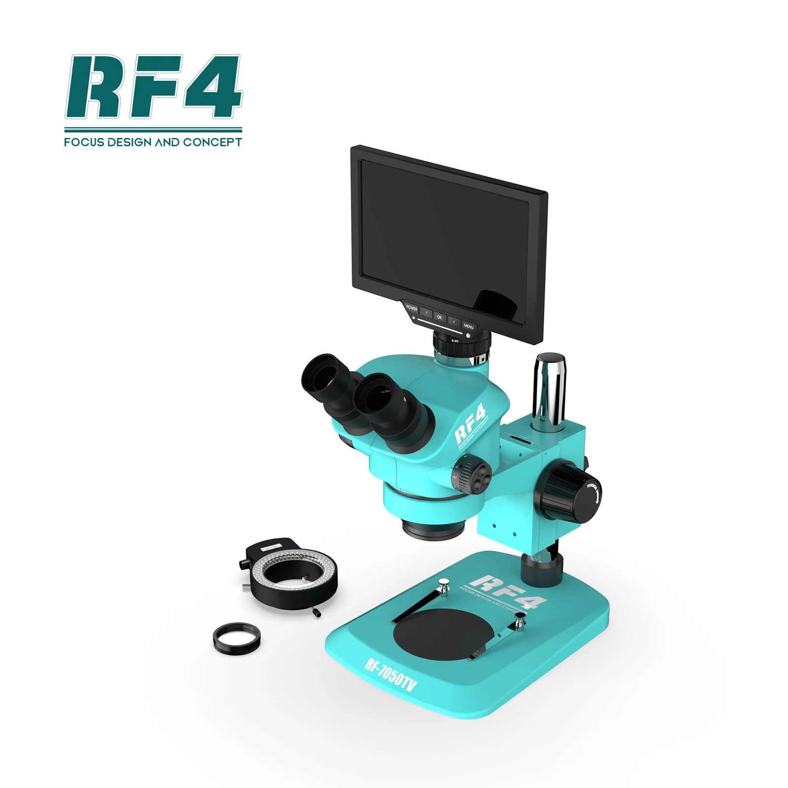 RF4 7-50X 6.5-65X Confocal Trinocular Microscope 16MP HDMI WIFI Smart Display, 144 LED Lights 0.5X CTV