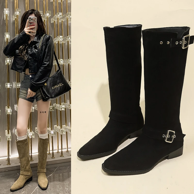 2025 Elegant Long Tube Boots Women's Fashionable Wear-Resistant New Vintage Autumn Winter Style Velvet Surface Boot
