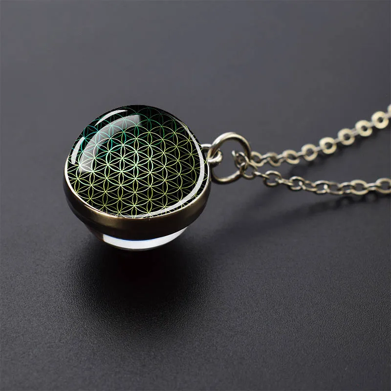 Sacred Geometry-Metatron\'s Cube Necklaces Sri Yantra Mandala Double Side Glass Ball Pendant Necklace Buddhist Yoga Jewelry Gift