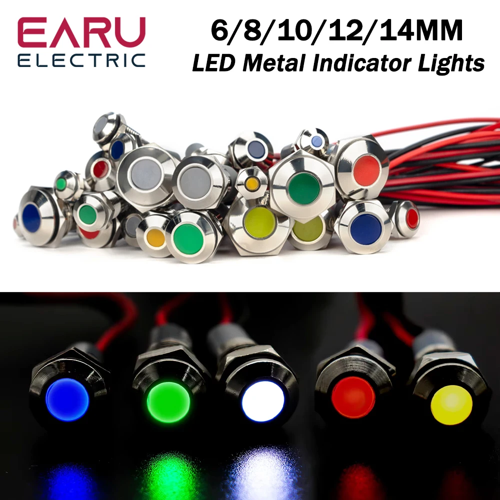 EARU 6/8/10/12/14MM Wateproof IP65 Metal LED Pilot Signal Indicator Light Lamp with Wire Red Blue Green Yellow AC DC5/12/24/220V