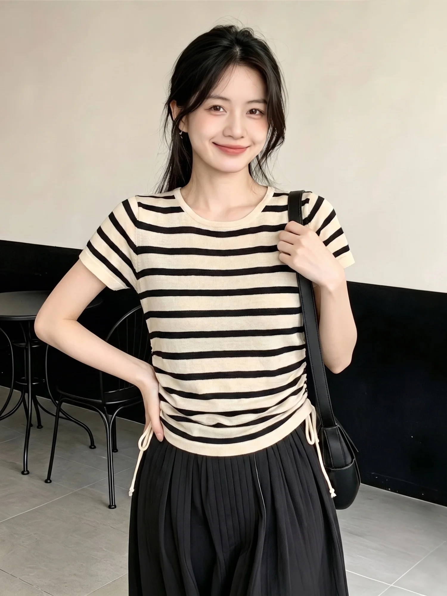 Summer Commute Style Striped Short Sleeve T-Shirt Women's plus Size Irregular Drawstring Top Korean Loose Fit Big Size