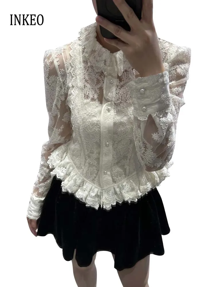 

Luxury Women Ruffles Hollow out lace shirt 2025 Summer White Long sleeve floral embroidery blouse Slim Crop Tops INKEO 5T045