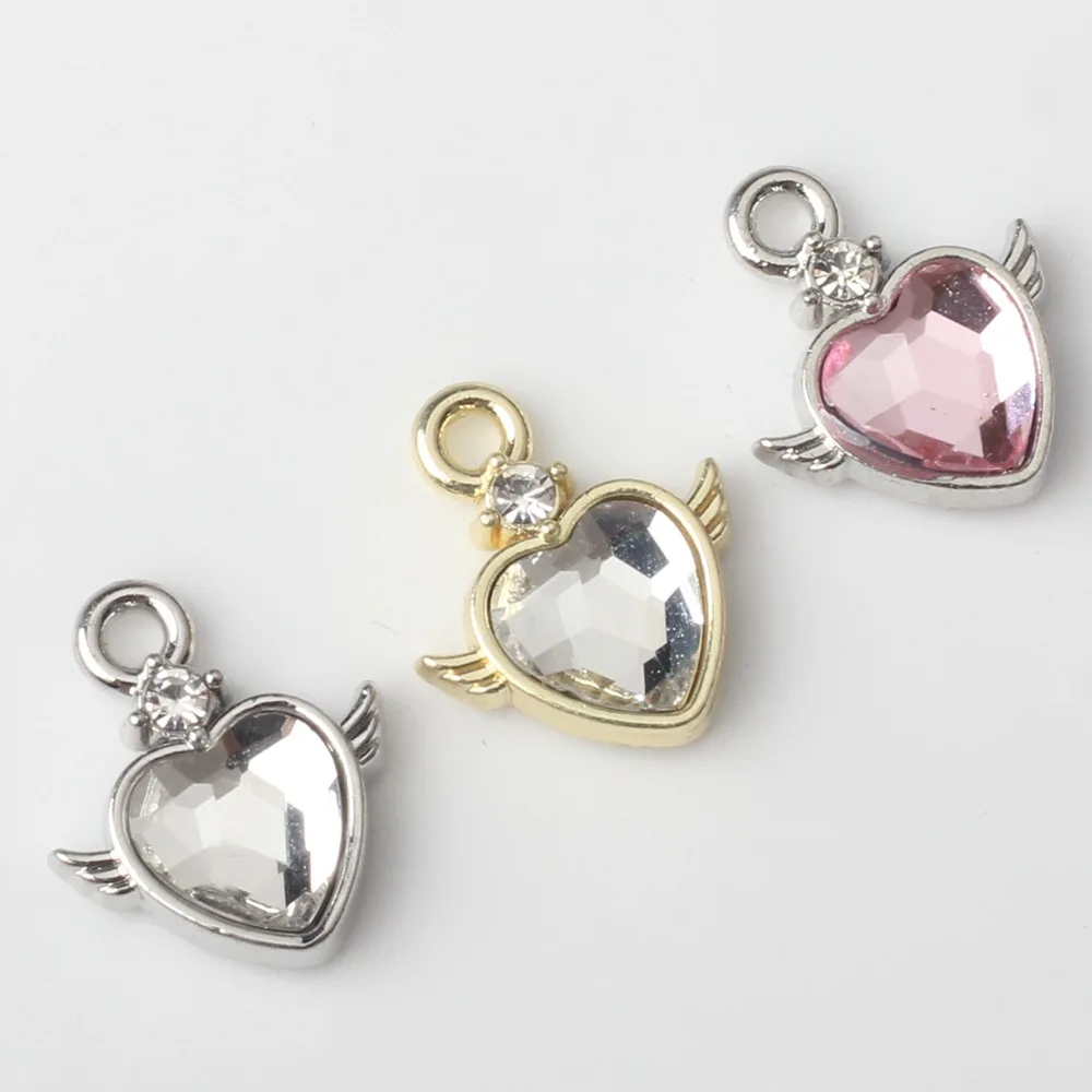 10 قطعة/الوحدة 11*13 مللي متر سبائك الزنك حجر الراين على شكل قلب الجناح قلادة جالبة للحظ عقد دي اي واي سوار أقراط اكسسوارات #4