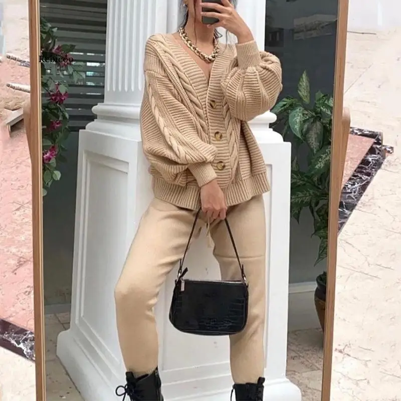 

Women Cardigans Trousers Set Woman Solid Knitted Sweater Suits Drawstring Single Breasted Sets Lady Outfits Trousers Women New