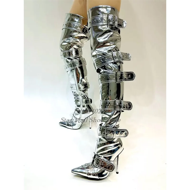 

Metal Belt Buckles Women Thigh High Boots Pointed Toe Over The Knee Side Zipper Stiletto High Heel Boots Sexy Punk High Heels