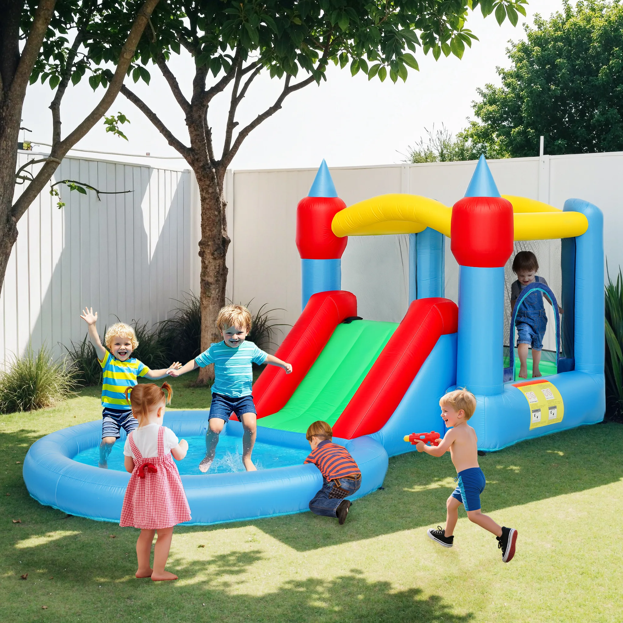 

Qaba Inflatable Bounce House, 4 in 1 Bouncy Castle with Blower, Multicolor
