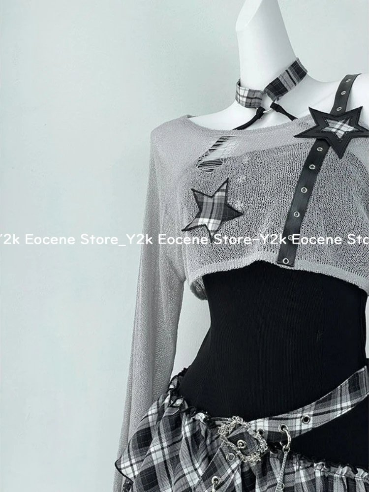 2000 年代 Y2K スパイシーガールデザイン不規則なセットチェック柄スプライシングストラップレスドレスセット女性薄型長袖日焼け止めカバーアップスーツ