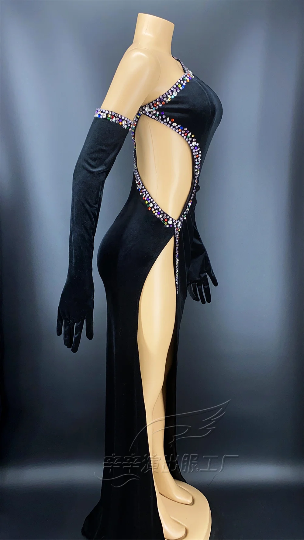 Car Model Female Singer Sexy Rhinestone Stitching Velvet Bag Hip Show Long Skirt Stage Performance Evening Dress