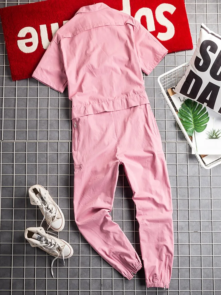 Streetwear Fashion Men Hip Hop One Piece Overalls Pink Short Sleeve Jumpsuit Harajuku Joggers Suspenders Cargo Bib Pants Pockets