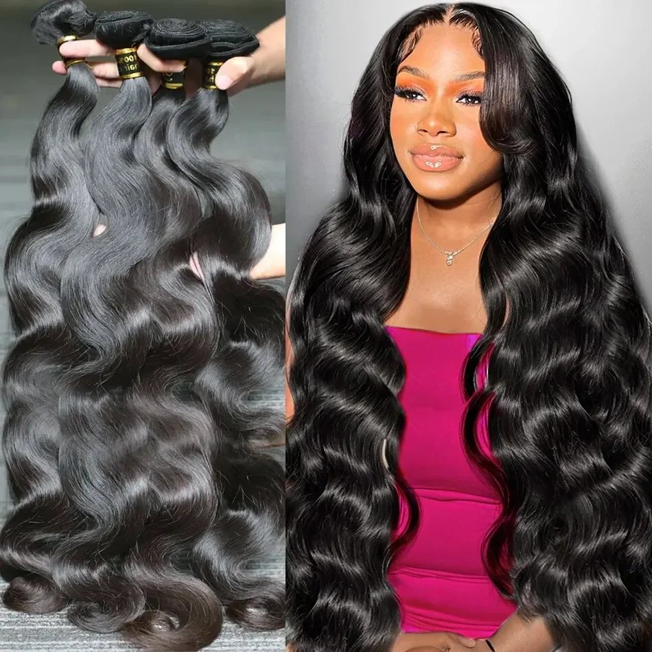 Rosabeauty 30 40 Inch Body Wave 3 4 Bundles Brazilian Remy 100% Unprocessed Human Hair Wavy Doule Drawn Bundles Weave Extensions