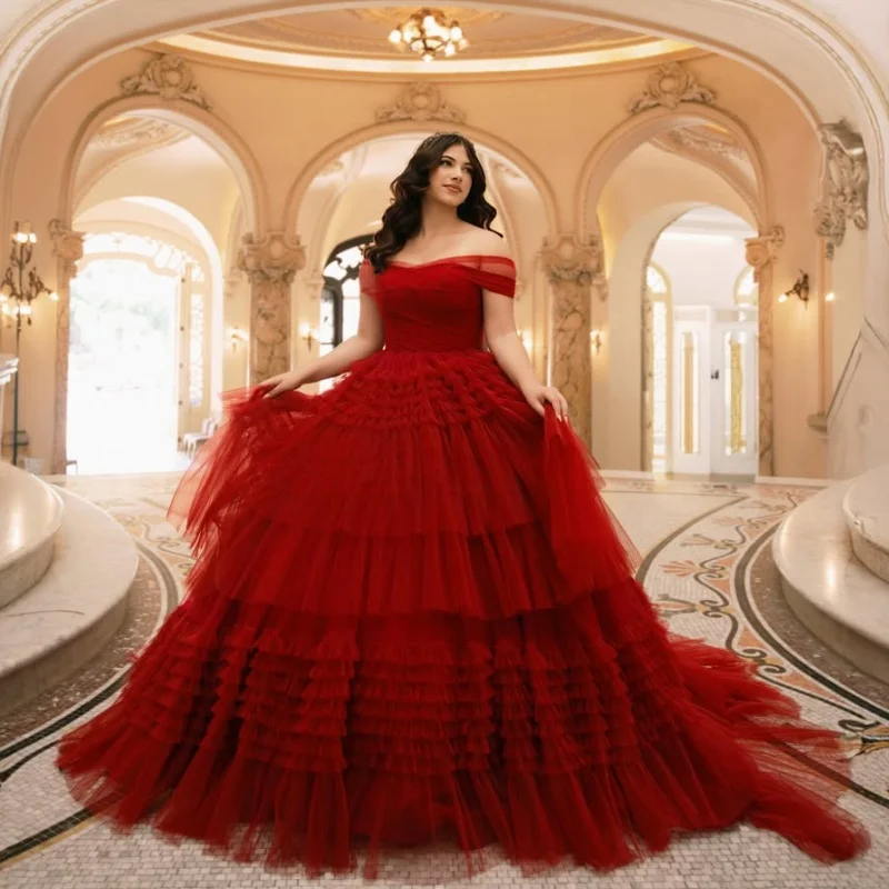 

Burgundy Quinceanera Dress off-shoulder Glitter Crystal Decal Lace Layering Long tail vestidos de 15 Quinceanera ﻿Customize