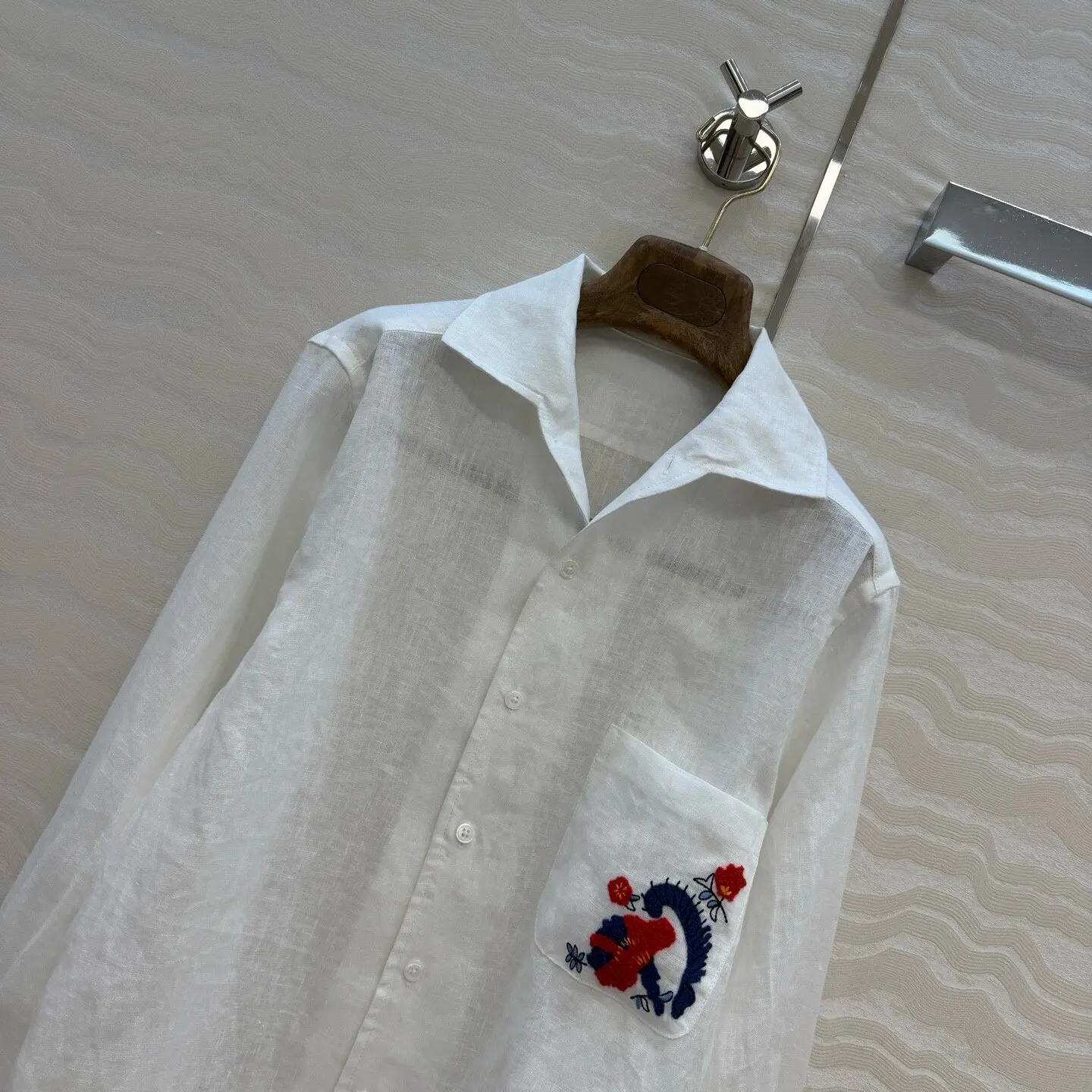 Women Imported Linen Lapel Long Shirt Embroidered Pocket High Waist Loose Blouse