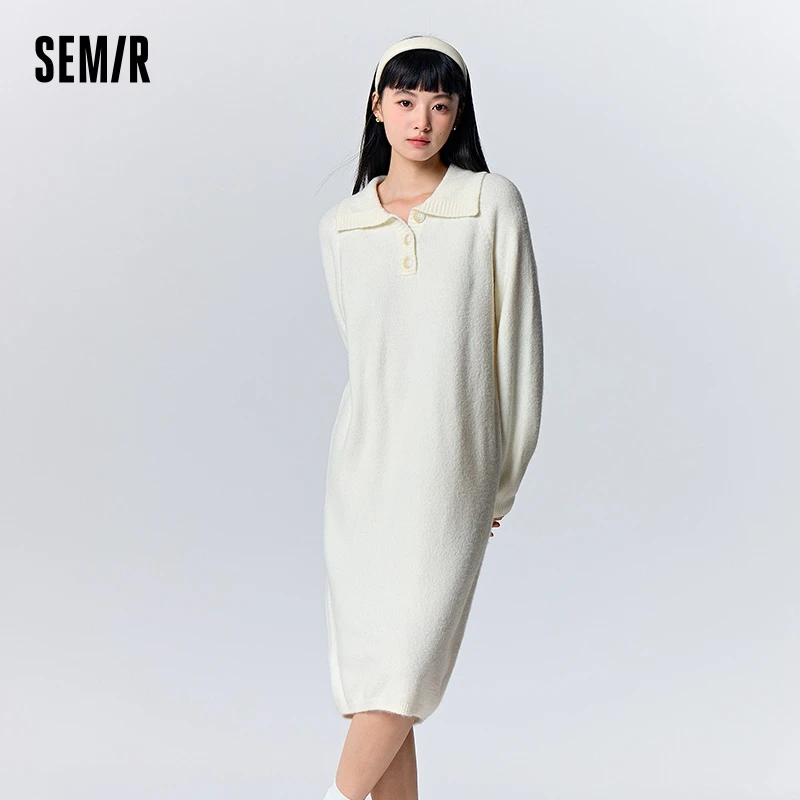 Semir Dress Women Polo Collar Solid Color Gentle 2023 Winter New Loose Soft Waxy Versatile Knitted Dress