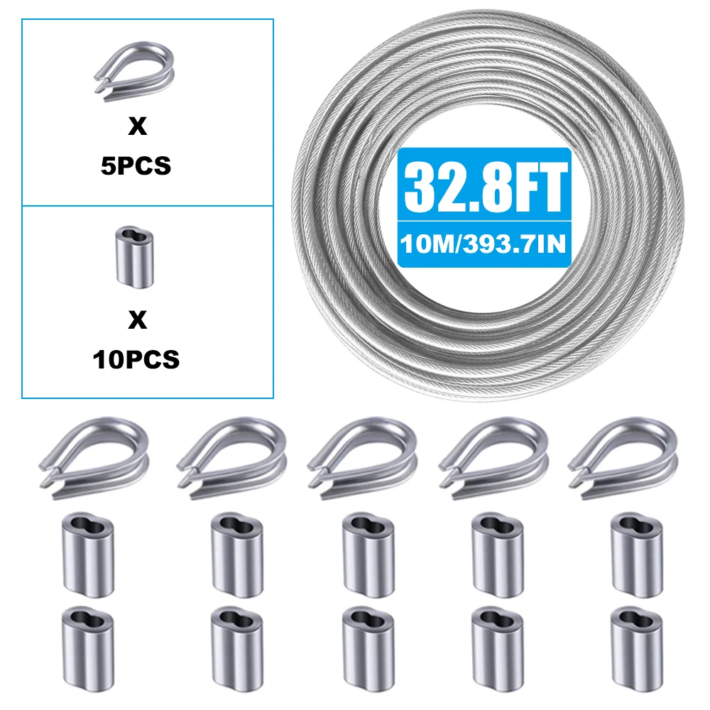 2-mm-PVC-Drahtseil-Set mit Schlaufenhülse und Stahlbügel, für Deck-Geländersysteme, Outdoor-Aufhängeset, Wäscheleine – Detail 2