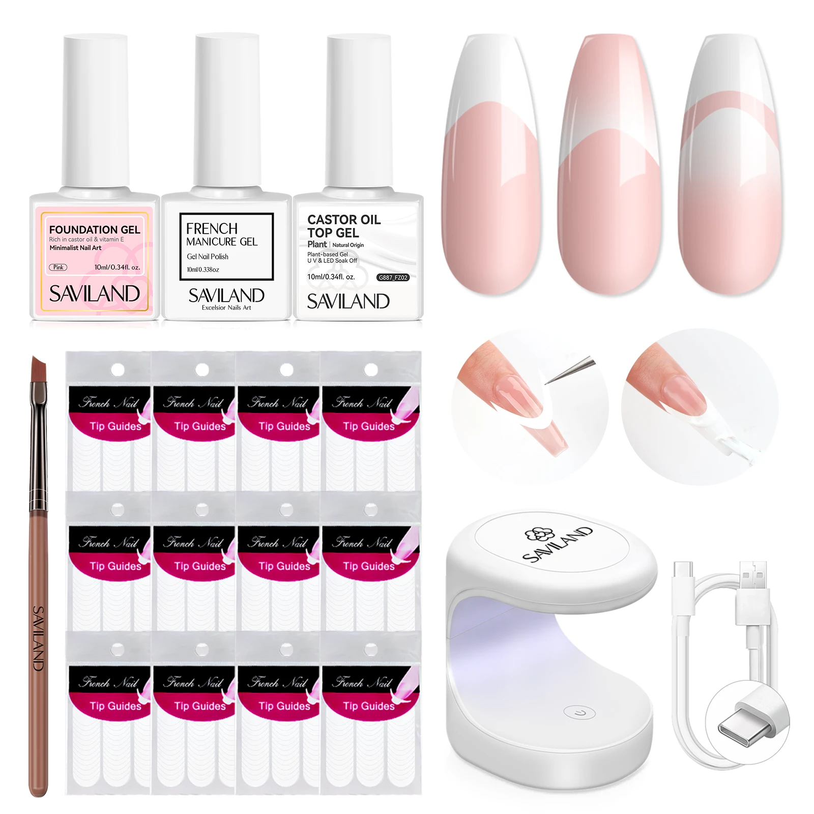

Saviland French Manicure Kit French Tip Nail Stickers French Nail Brush White Gel Nail Polish UV Nail Lamp for Nail Art