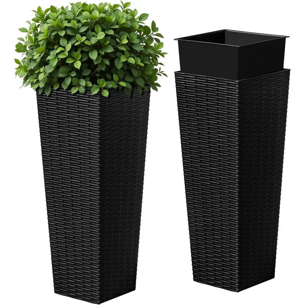 

Set of 2 Tall Outdoor Planters with Drainage, Ideal for Patio, Backyard, and Garden (Black, 24)