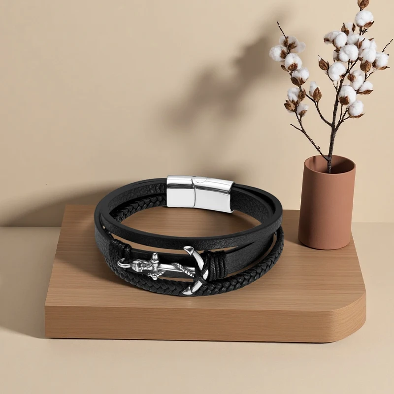 Men's boat anchor stainless steel multi-layer leather rope bracelet weaving process, personalized trend, versatile accessory